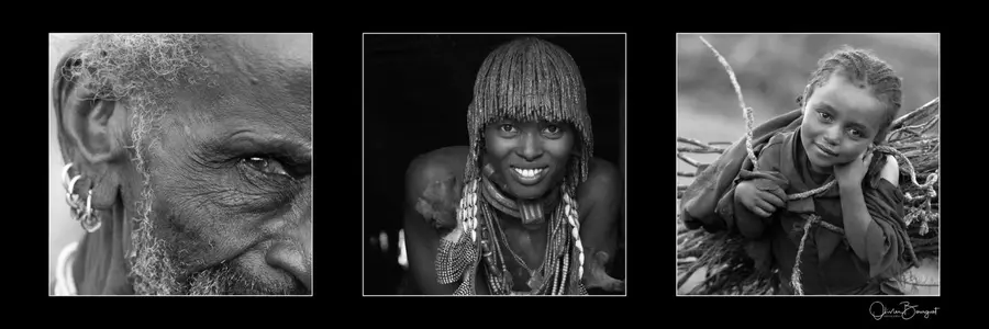 Exemple de triptyque en noir et blanc : trois portraits éthiopiens